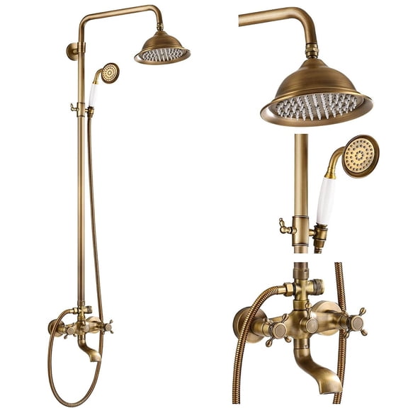 Antique Brass Tub Shower Faucet 8 Inch Shower Head Vintage Shower Fixture Set