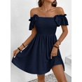 thumbnail image 3 of Navy Blue Womens Solid Boat Neck Ruffled Cap Sleeve Smocked Waist A-Line Short Dress, 3 of 6