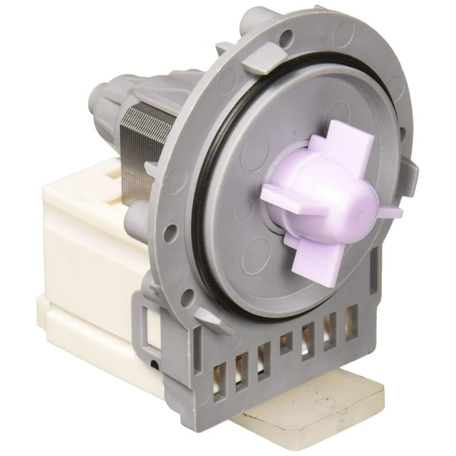 motor de bomba de agua lg eau61383503 para lavadoras, vista 3/4 del conjunto de bomba de circulación OEM: carcasa gris y blanca con impulsor morado, anillo de sello y ranuras de ventilación visibles, conector eléctrico en la base; repuesto original LG para recircular agua en lavadoras y suele usarse como reemplazo directo en modelos compatibles.
