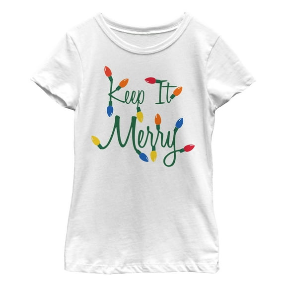 Girl's Lost Gods Christmas Keep It Merry Lights Graphic Tee White Medium