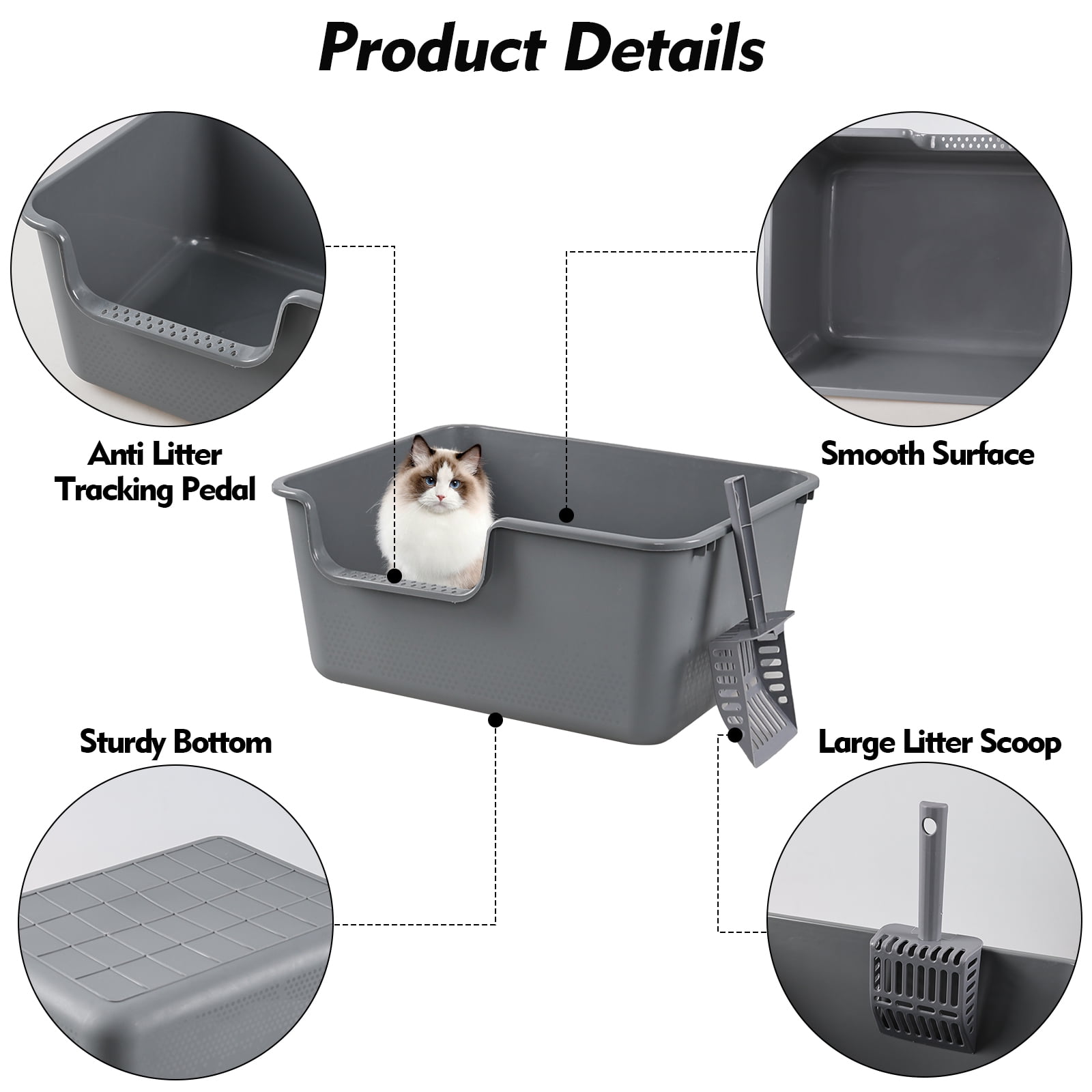 Yuright Plastic High Side Cat Litter Boxes with Scoops, 4 Pack Gray Open Top Litter Trays