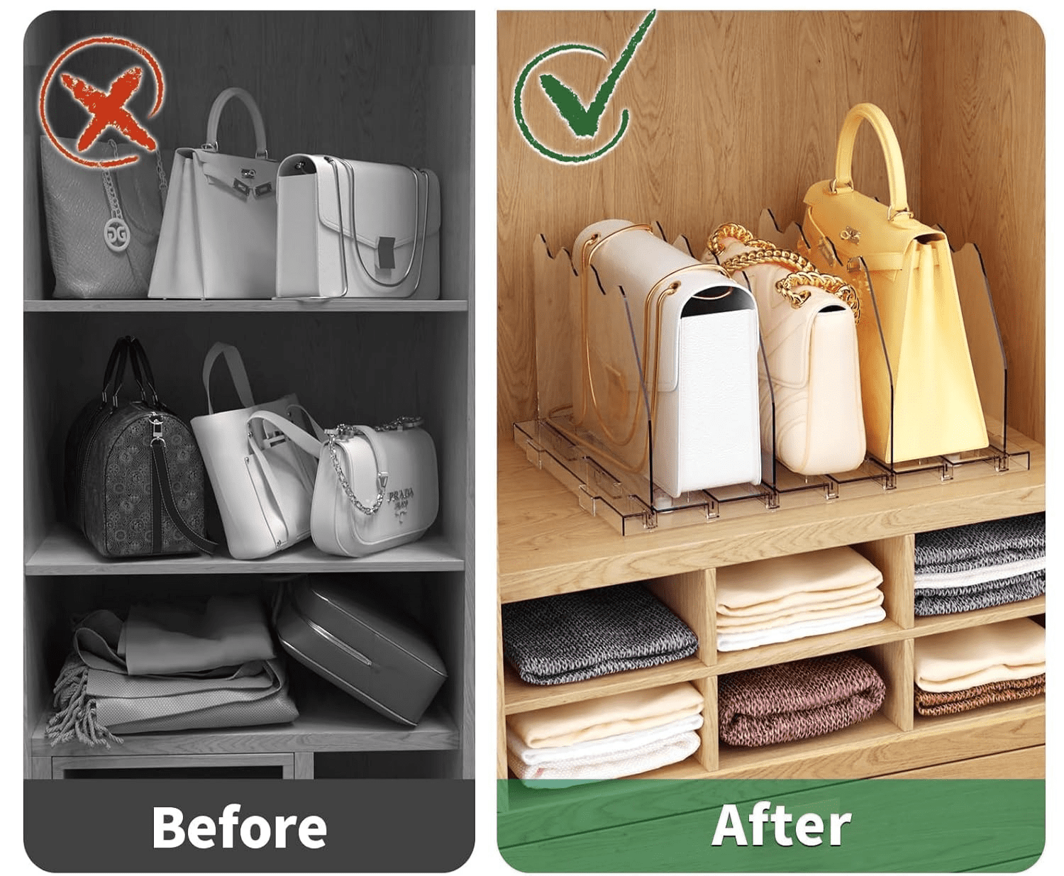 LLMRR Closet Organizers and Storage, Purse Organizer for Closet, Closet Shelf Organizer, Shelf Dividers for Closet Organization, Storage for Purses in Closet, Handbag Storage Organizer, Clear, 2 Pack