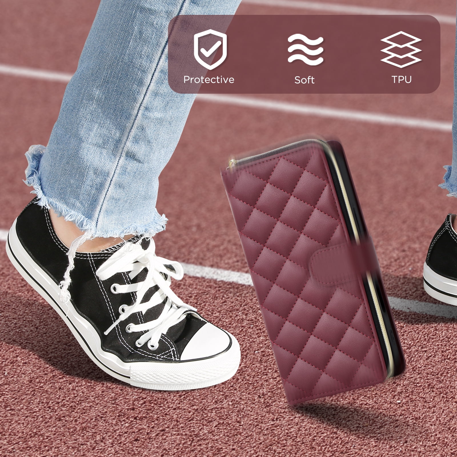 for iPhone 13 Pro Wallet Case, Multi-Functional Zipper Purse Case, with Flip Stand Card Holder PU Leather Phone Cover with Lanyard & Wrist Strap for iPhone 13 Pro, Winered