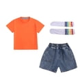 thumbnail image 3 of Babcutegg Denim Shorts and Matching Short Sleeve Top Set with Solid Color Socks – Unisex Casual Kids Fashion Outfit for Everyday Wear Orange Size 4, 3 of 10