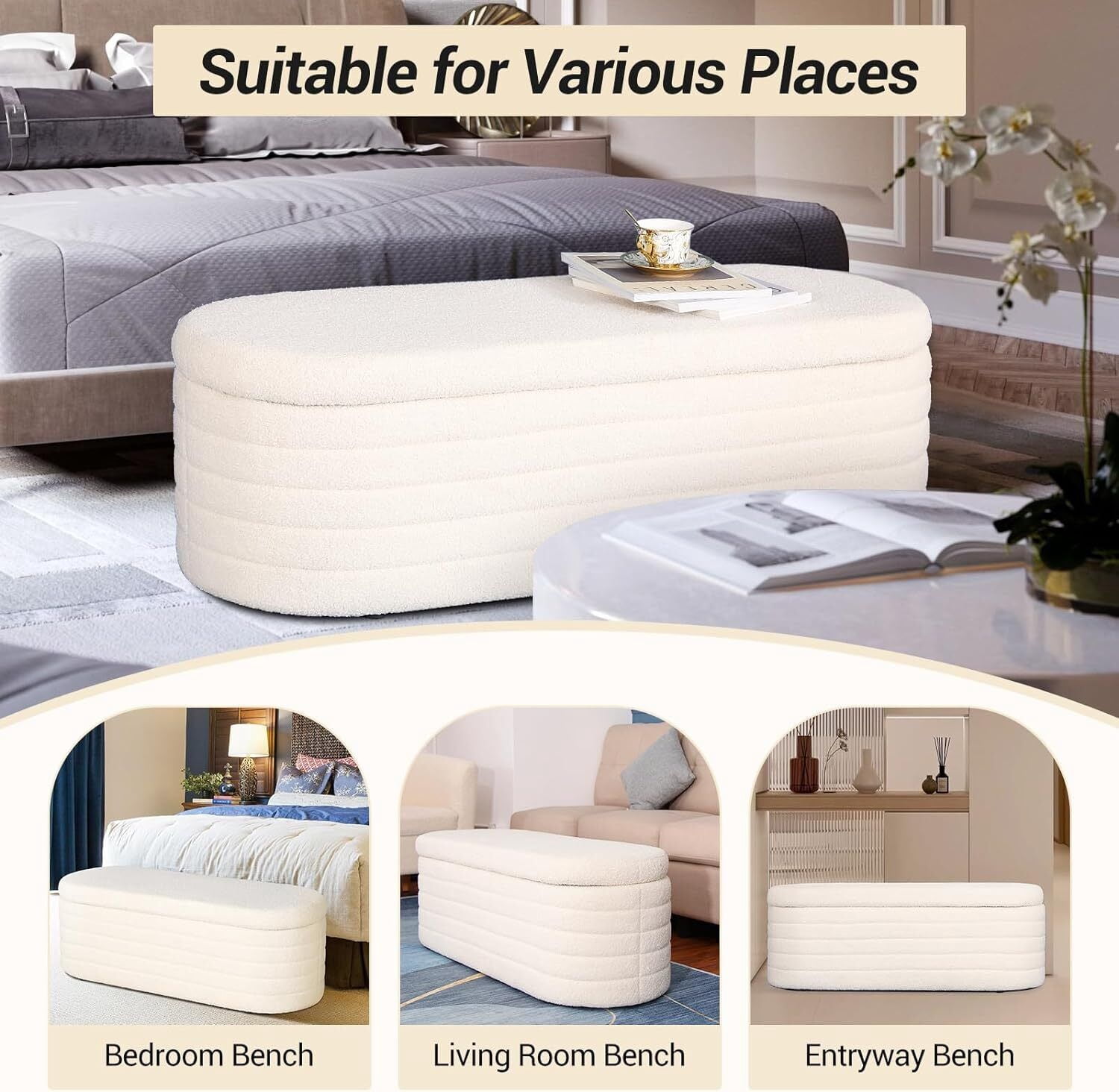 RIDWIND 45.5 inch White Teddy Velvet Storage Ottoman Bench Upholstered Bedroom End of Bed with Safety Hinge for Bedroom Living Room Entryway Dorm Foot Rest Footstool