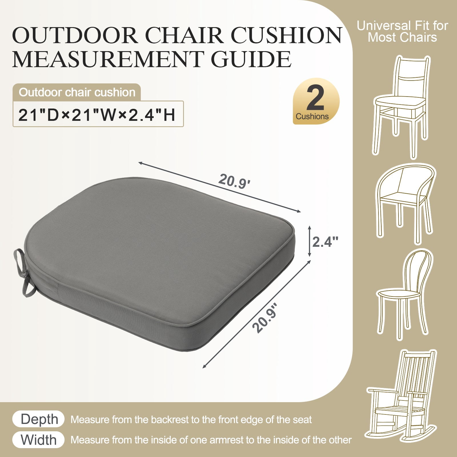 BPS 21" x 21" Outdoor Chair Cushion, Fade Resistant Patio Seat Cushion Pads with Ties, Set of 2 - Gray