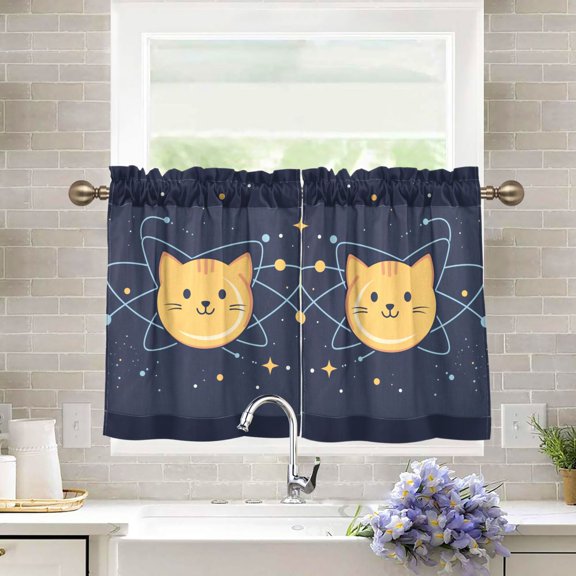Yayeee Kitchen Curtains Tier Pair Light Filtering 27"x36" Rod Pocket Short Cafe Window Panel, Orange Cat Planet