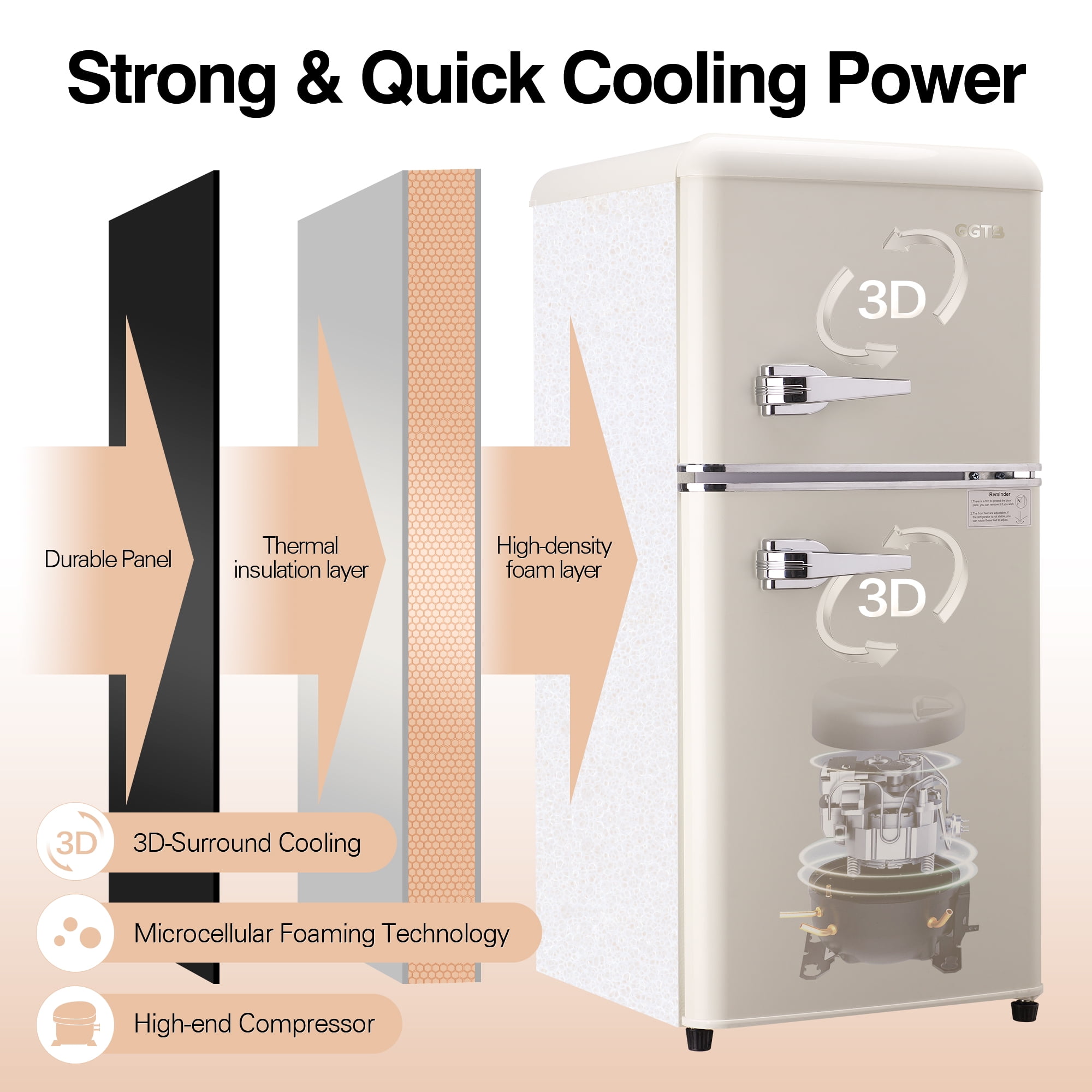 GGTB 3.0 Cu. Ft. Retro Mini Fridge with Freezer, Cream 2-Door Compact Refrigerator for Bedroom, Dorm & Office, Adjustable Temperature, Quiet Operation, Vintage Style Small Fridge