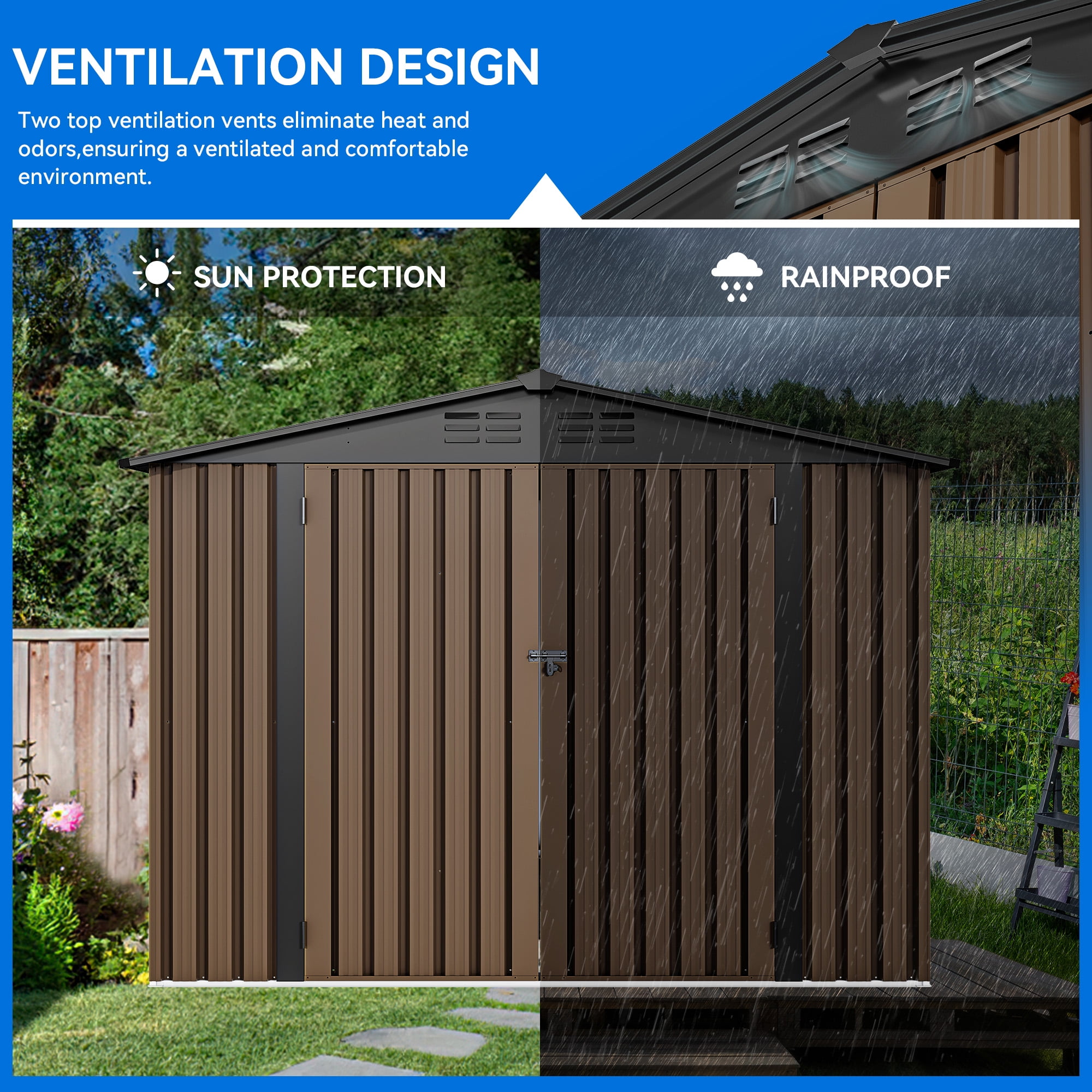 Dextrus 8x6 FT Outdoor Storage Shed with Lockable Doors & Air Vent, Large Metal Tool Sheds House for Backyard Patio to Store Bikes, Tools,Brown