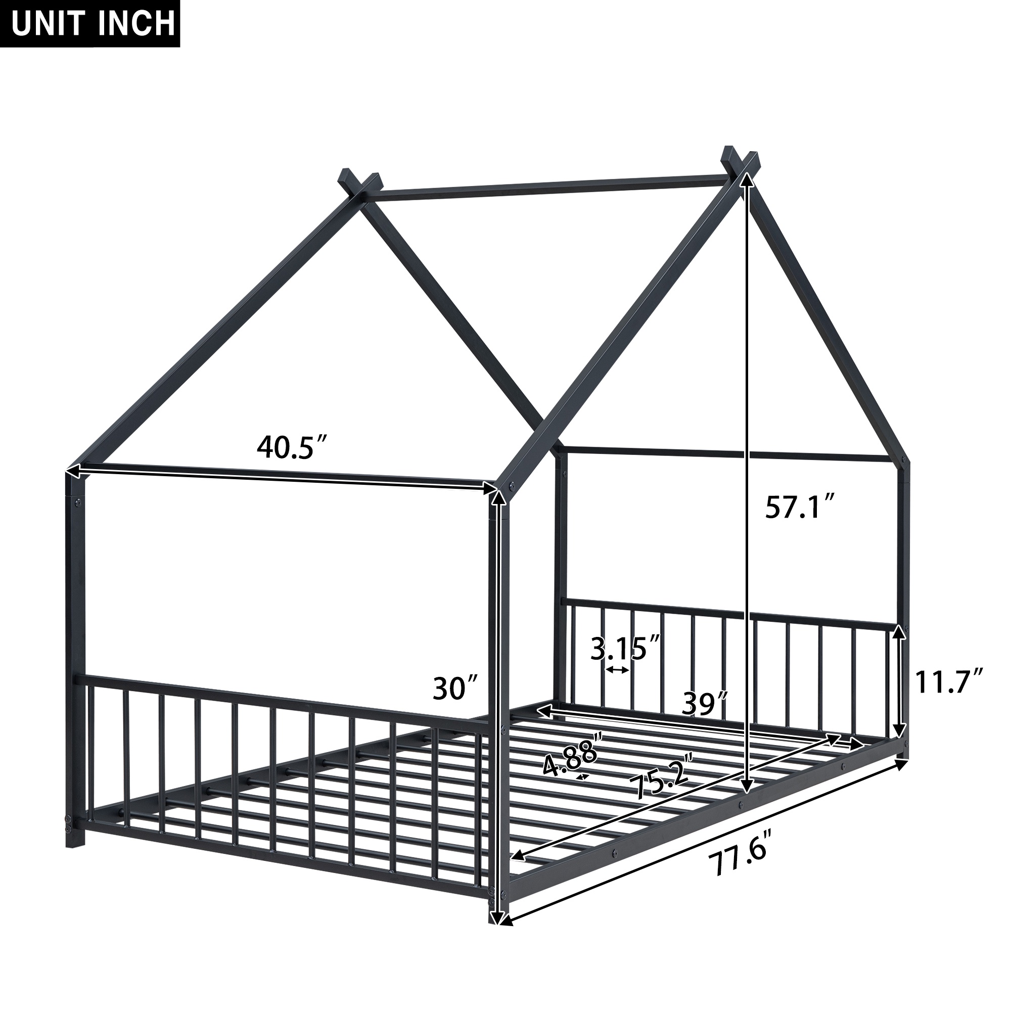 PORKISS Twin Size Floor Bed Frame, Metal Montessori Floor Bed with House Bed Featuring Roof, Modern Twin Platform Bed for Kids Boys Girls, No Box Spring Needed, Black