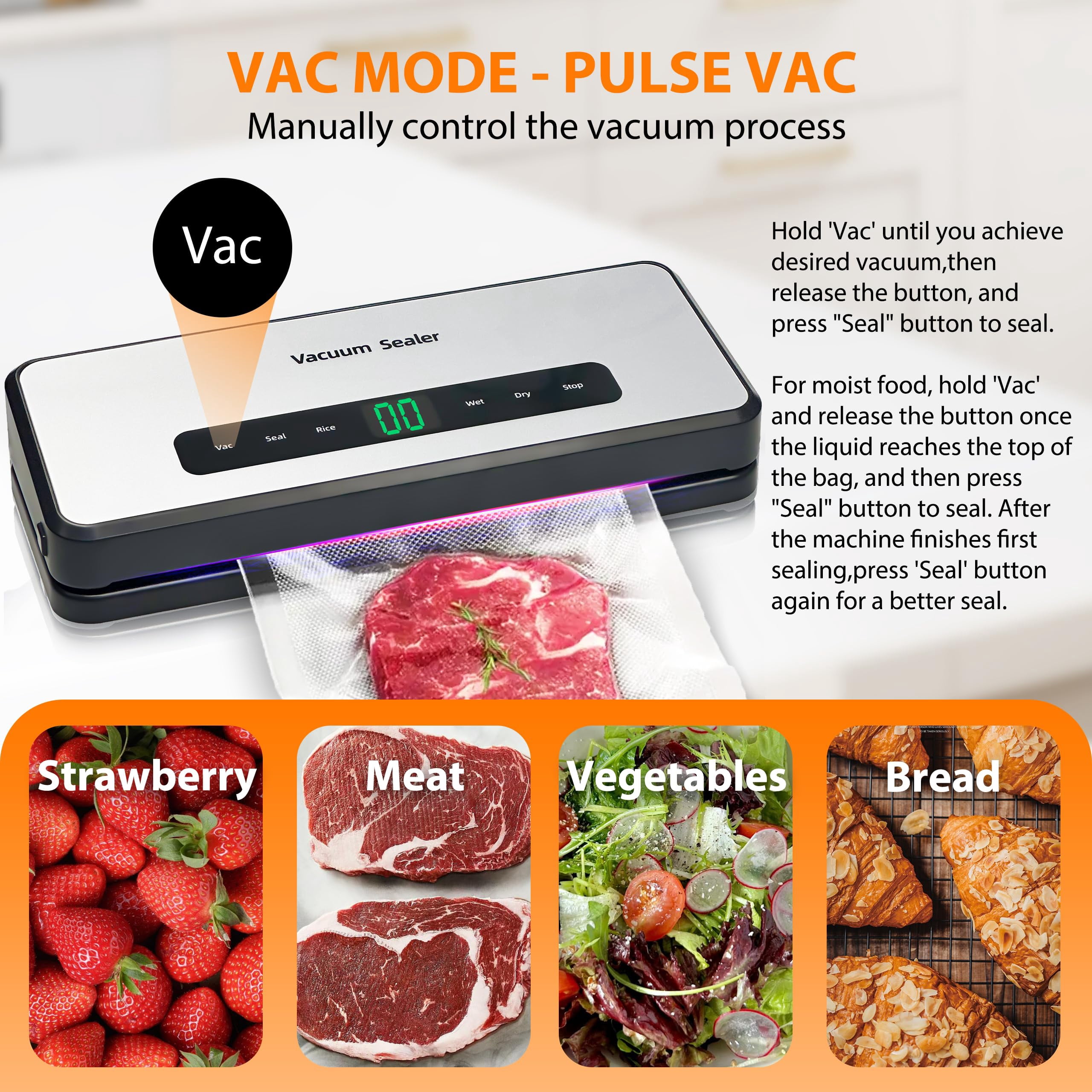 5-in-1 Mini Vacuum Sealer Machine, 90KPa Compact Automatic Food Preservation Storage, Bag Roll Included, Silver