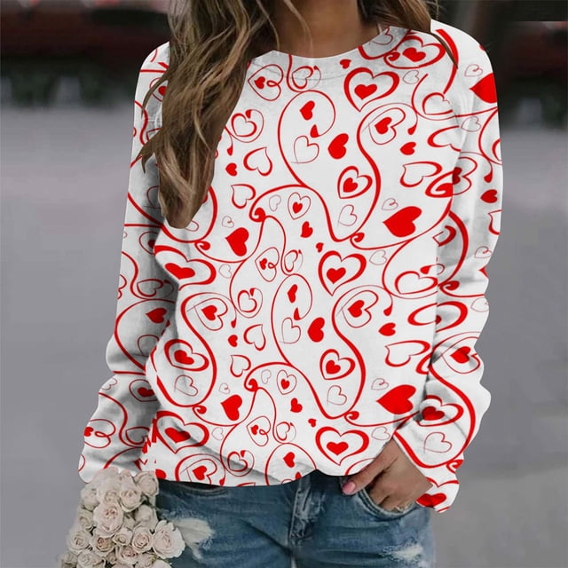 Qertyioot T-Shirt Graphique de la Saint-Valentin pour Femmes à Manches Longues, Blouse Ample Imprimée Mode Col Rond Hauts Décontractés Sweat à Capuche