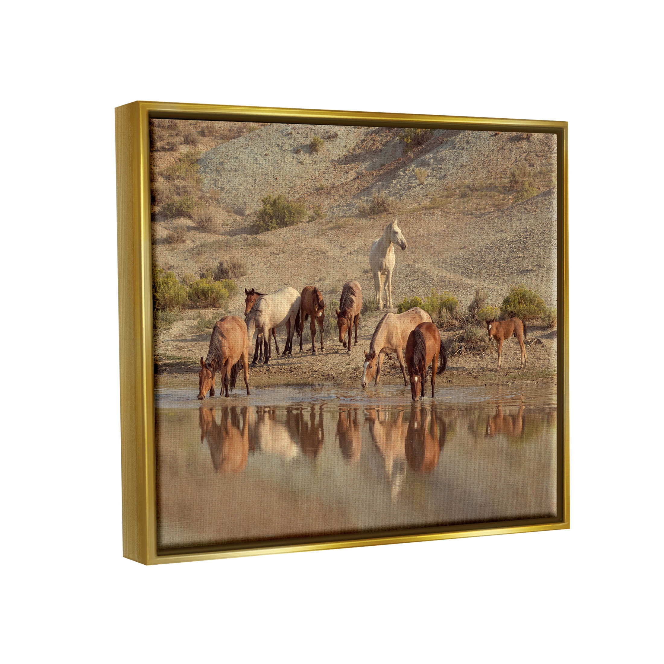 Stupell Industries Horses Drinking Countryside Photograph Metallic Gold Floating Framed Canvas Print Wall Art, Design by Jan Walters