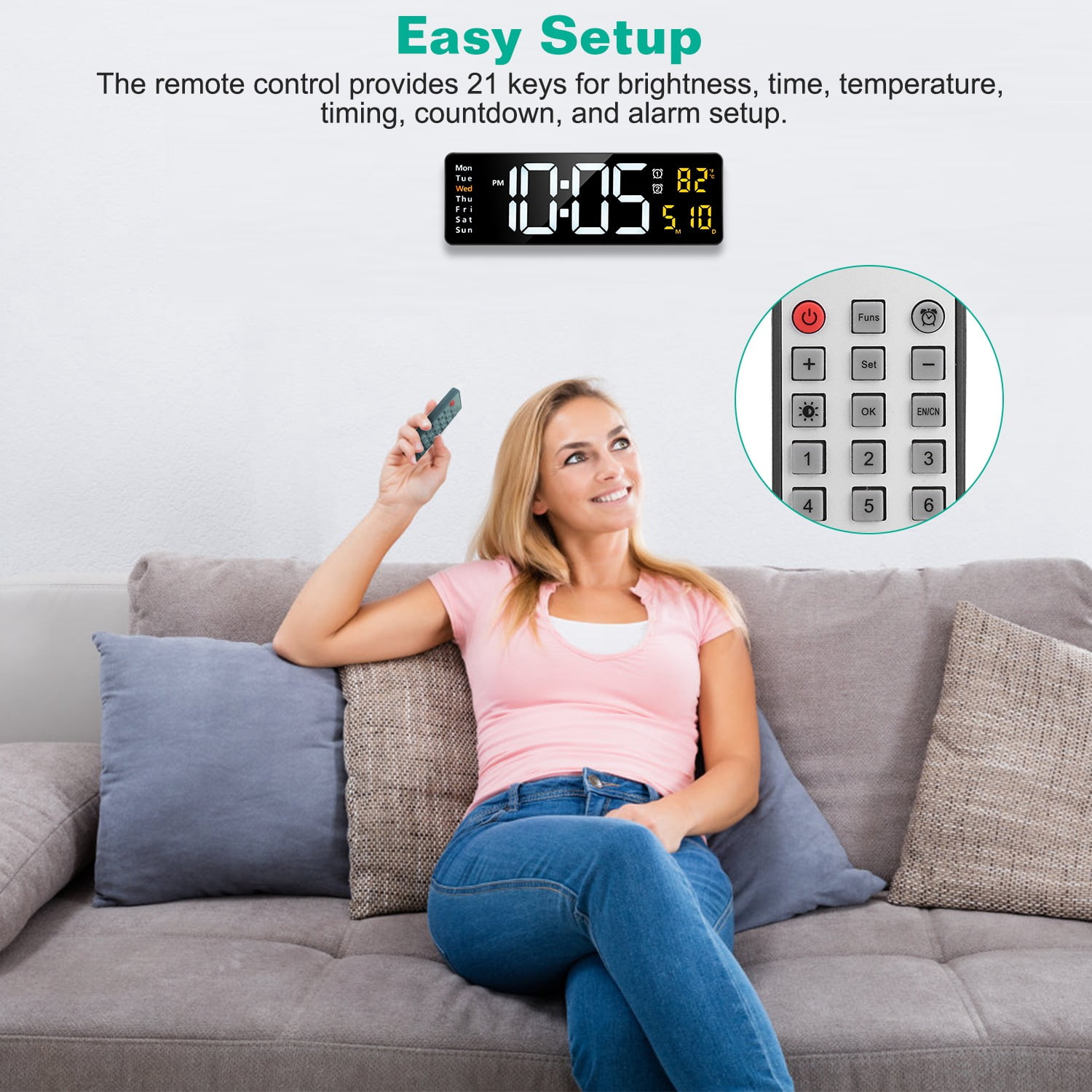 Moclever LED Digital Wall Clock with Remote Control 10 Level Brightness 3 Alarm Settings 12/24Hr Format Timing Countdown Temperature Calendar Display Desk Clock for Office Home, Black