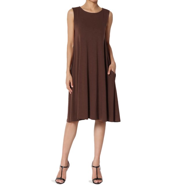 TheMoogan Women's Basic Sleeveless Crew Neck Knee Length A-Line Jersey Pocket Swing Dress