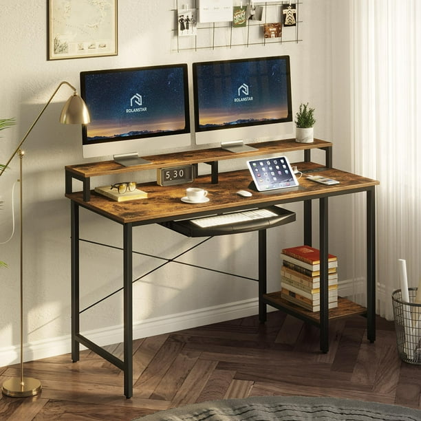 Rolanstar 55 Inch Computer Desk with Power Outlet and Monitor Stand
