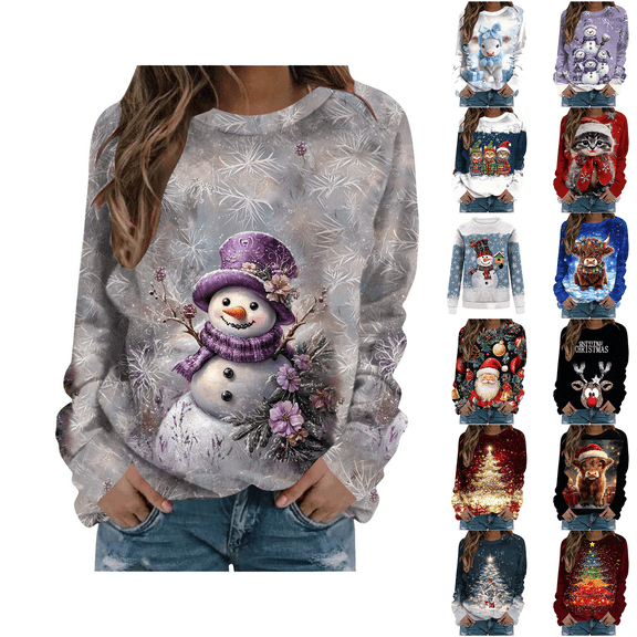 Sakmal Crew Neck Womens Sweatshirts Christmas Purple Tops Snowmen Workout Sweatshirt for Women