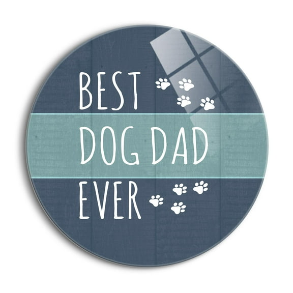 Best Dog Dad Blue Woodgrain Pawprints 24 inch Glass Round Wall Hanging Sign