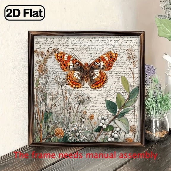 2D Flat, 1pc Vintage Floral Butterfly Wall Art - Farmhouse Decor with OrangeBlack-White Butterfly, Natural Brown Frame - Recycled Wood Sign for Living Room, Bedroom, Office - Easy Hang8*8in
