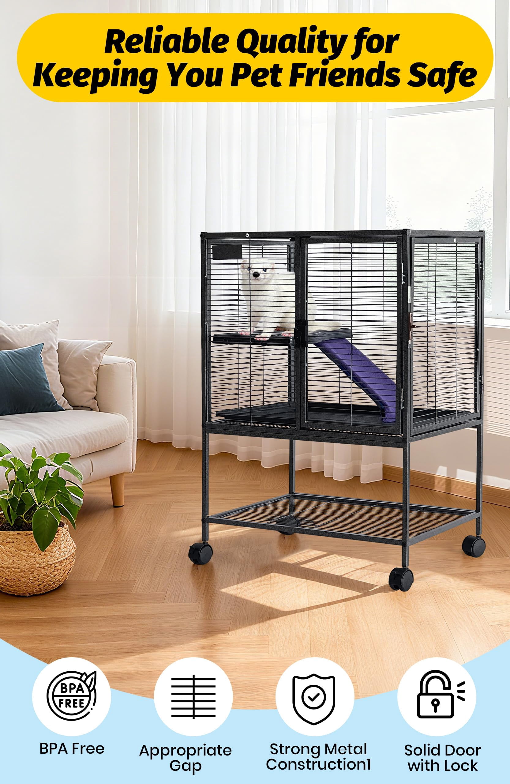 Metal Small Animal Cage,34 ''H Multi-Level Ferret Cage for Small Animals - Large Hamster Cage with Ramp, Extra Storage Stand, RemovableTray for Chinchilla, Rabbit, Guinea Pigs, Hedgehog, Gerbil