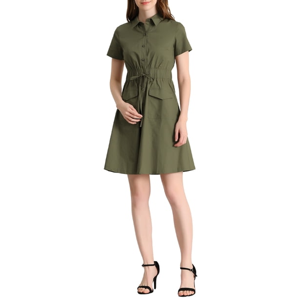 INSPIRE CHIC Vestido Mini de Mujer con Ajuste y Falda Acampanada, Bolsillo en el Cuello, Cintura Elástica, Color Gris Verde