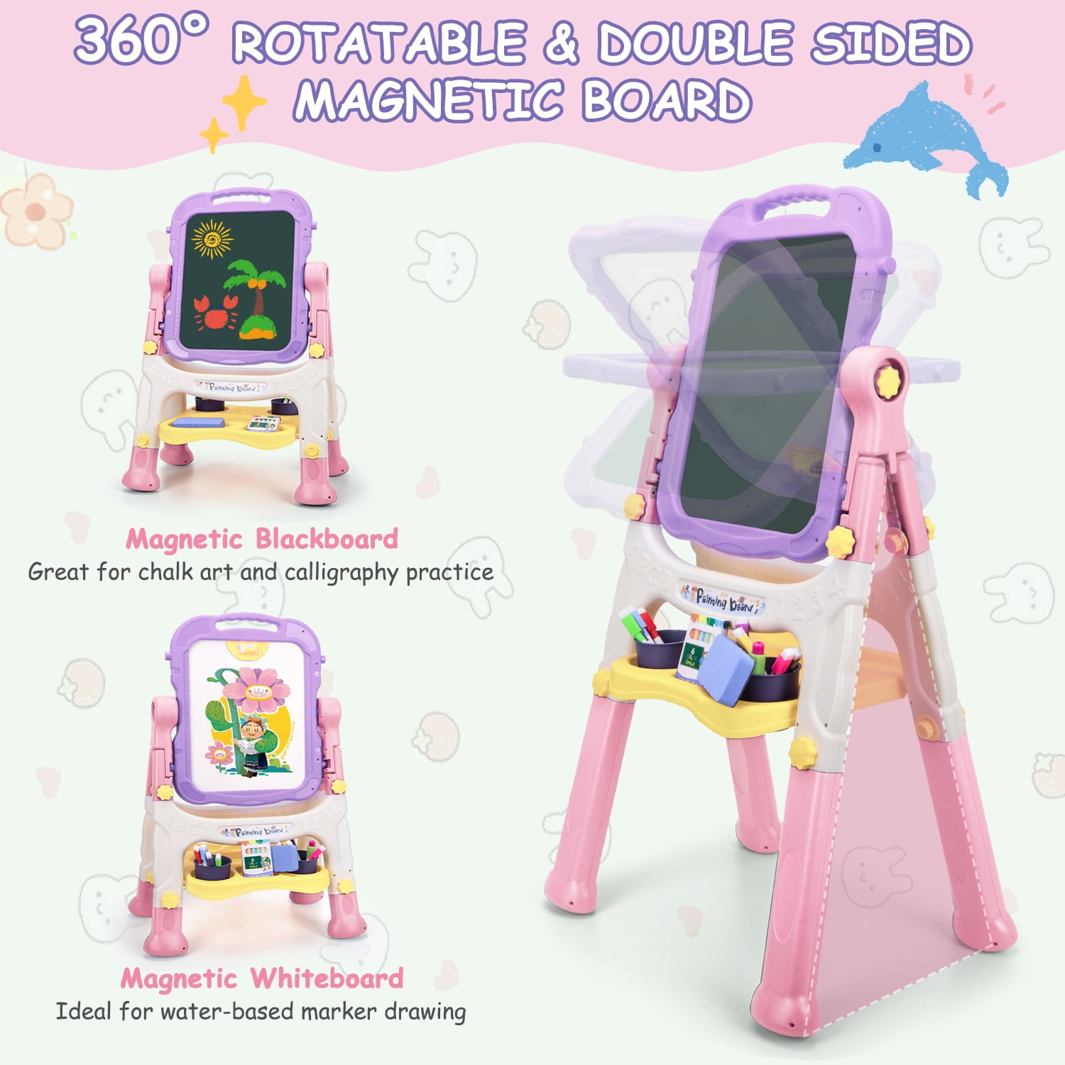 Xueyu Easel for Kids, 26.8"-34.6" Adjustable Plastic Standing Art Easel with Chalkboard, Chalk, Markers, Eraser, Clips