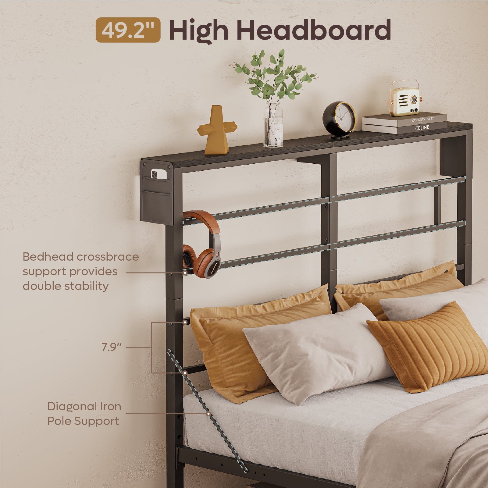 Bestier Queen Size Bed Frame with LED Headboard & Charging Station, Metal Platform Bed with 15.7'' Large Under Bed Storage, Black