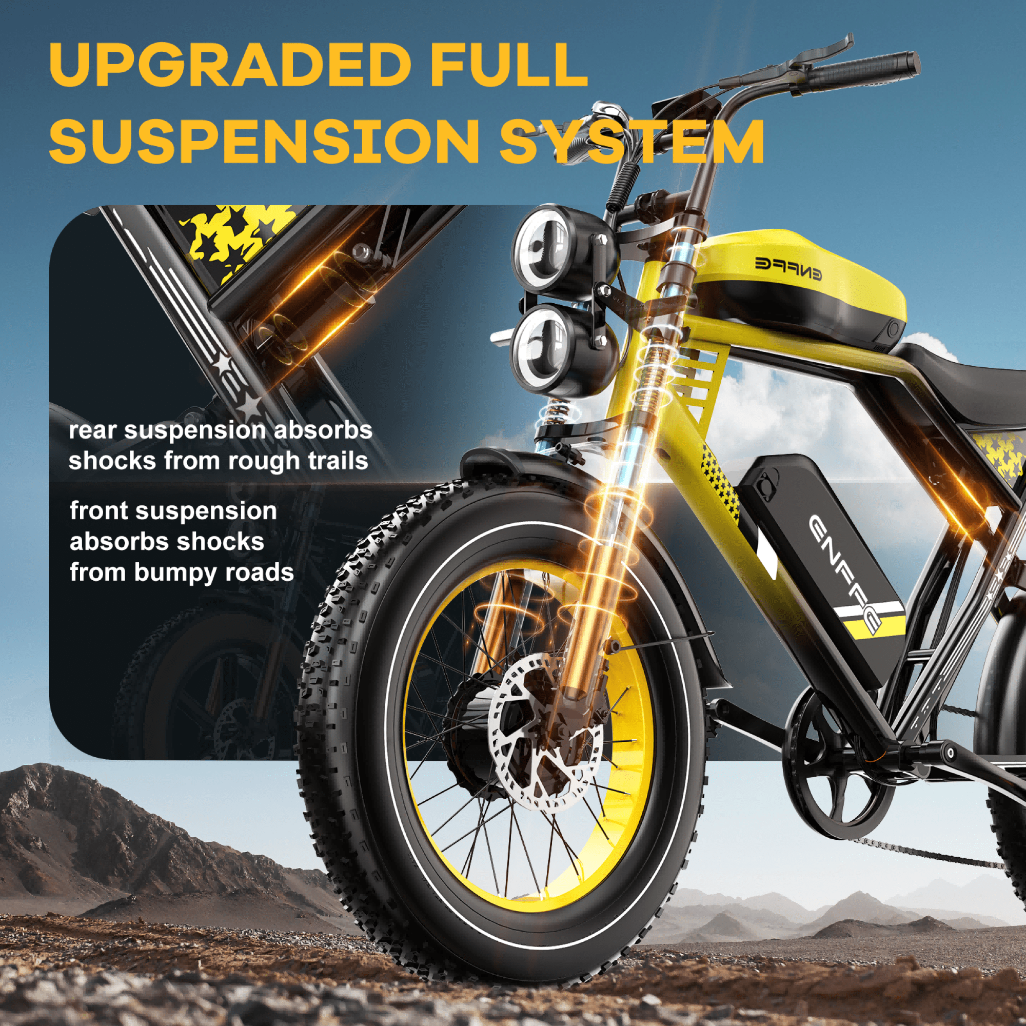 2D Ultra Electric Bike for Adults, 3000W Peak Motor 32MPH Off-Road E Bike, 48V 45Ah Battery, 200-Mile Range, 20" x 4.0 Fat Tires, Shimano 7-Speed, Yellow