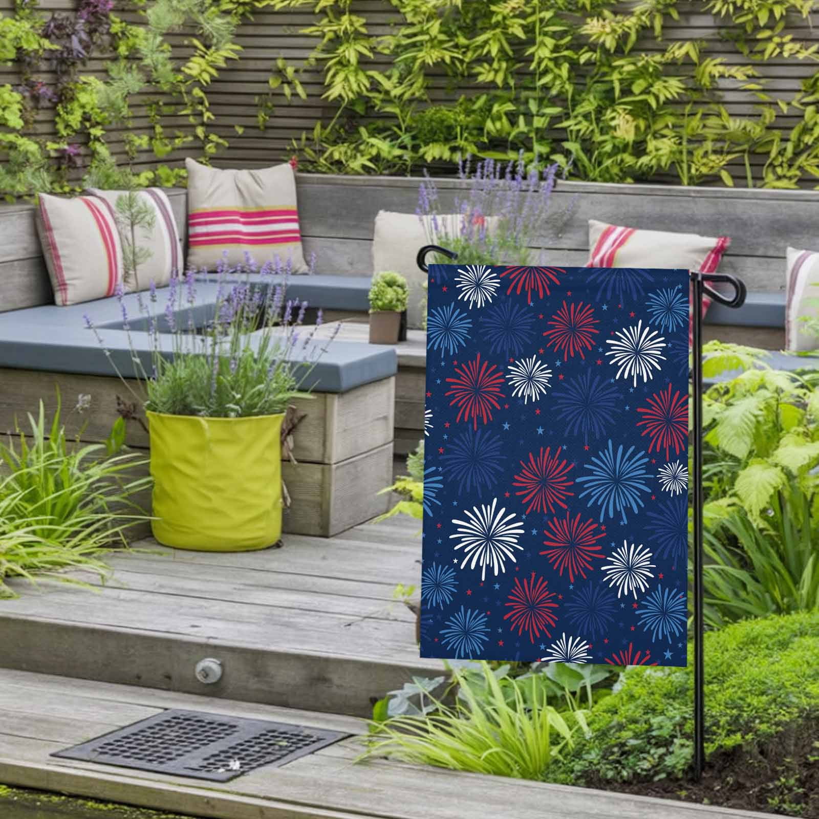 4th of July Garden Flags Red White and Blue Stars Fireworks Garden Flag Double Sided Welcome Flag USA Flag Independence Day Yard Flags for Outdoor Lawn Porch Memorial Day Holiday Decor 28x40 Inch