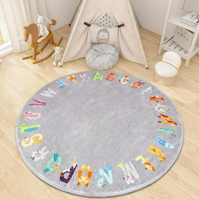 AKASISRUG Round ABC Kids Rug,4 ft Animal Alphabet Playroom Rug,Washable Non-Slip Cute Nursery Rug for Kids Room,Educational Kids Play Rug Classroom Rug for Playroom Kids Room Bedroom Decor