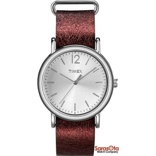 Timex T2P341 WR30M Metallic Oxblood Leather Strap Steel Case Women's  Watch 