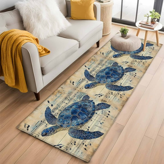 Blue Sea Turtle Kitchen Runner Rug 2x6 Washable Runners for Hallway Non Slip Vintage Coastal Sheet Music Large Area Rug Indoor Floor Carpet for Bathroom Laundry Entryway Bedroom Living Room
