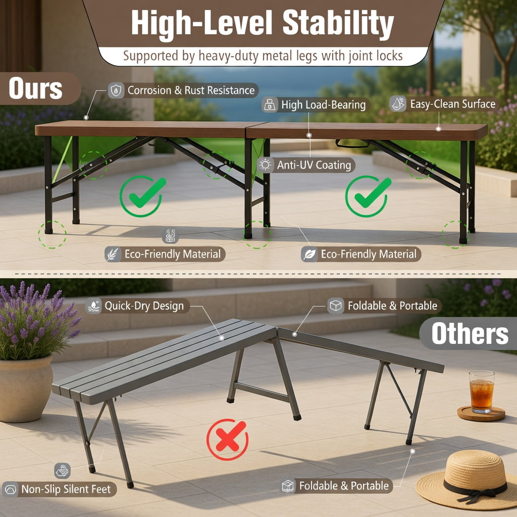 Hommoo 6 Foot Heavy-Duty Folding Bench, Compact Foldable Outdoor Seating with Carry Handle, HDPE Seat & Reinforced Steel Frame, Coffee