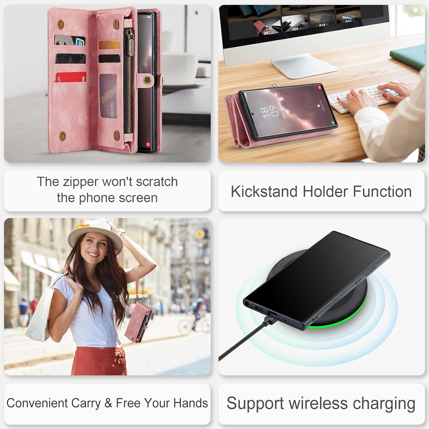 2 in 1 Detachable for Samsung Galaxy S23 Ultra Wallet Case with Card Holder, Retro Premium Flip Leather Cover  Zipper Pocket Phone Cases 6.8'' (Pink,S23 Ultra)