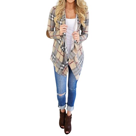 Cheetah Print Cardigan - ReliMart Women Plaid Print Elbow Patch Design Long Sleeve Cardigan