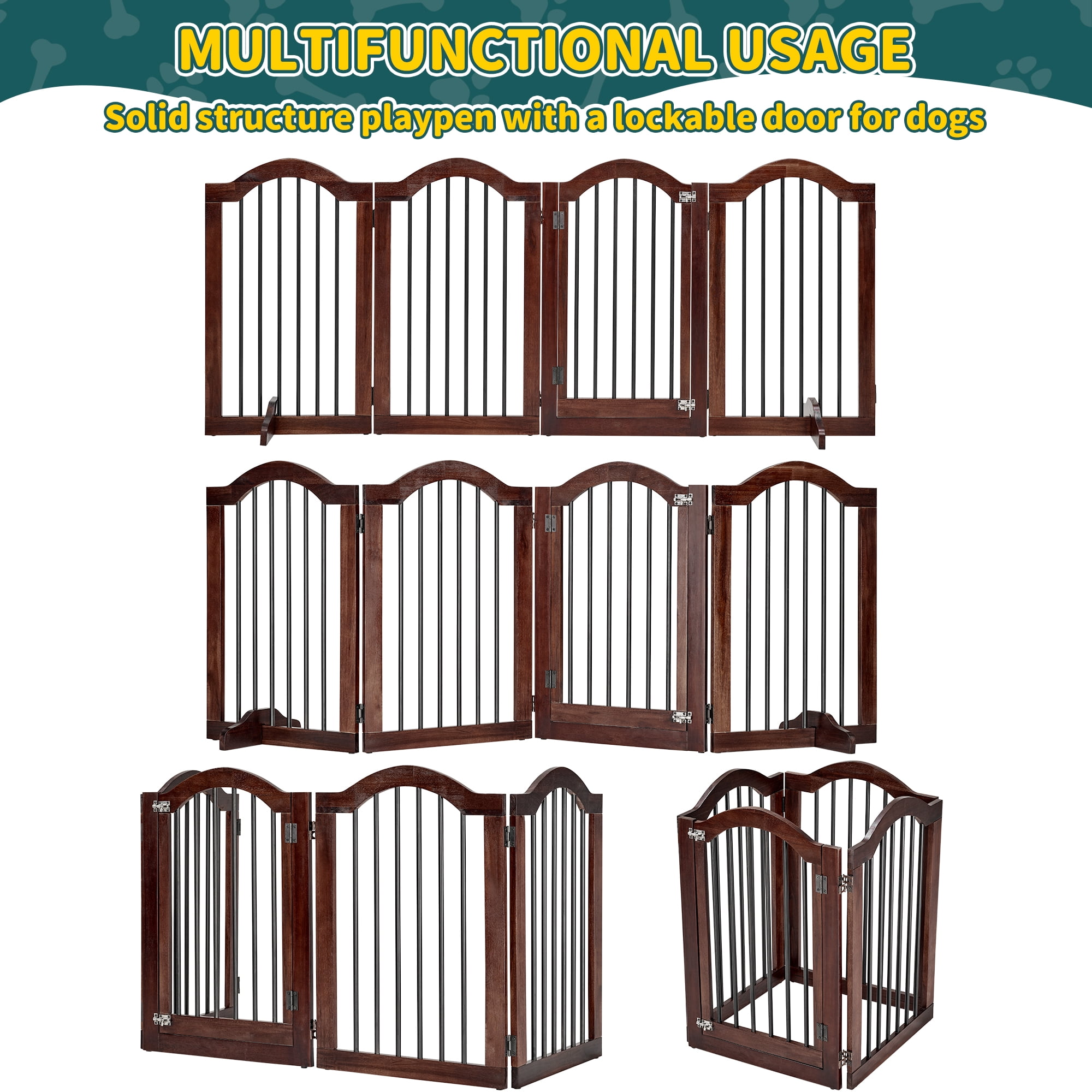 TrumanPick Free Standing Pet Gate with Door 30"H x 96"W Foldable Dog Gate 4 Panels Solid Wooden Dog Fence Indoor with Support Feet for House Doorways Stairs, Brown