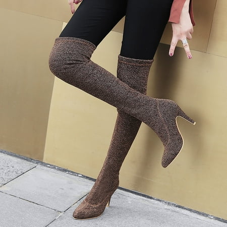 

FITORON Womens Knee High Boots- Shoes Sexy Autumn Winter Pointed High-heeled Boots Gold 38