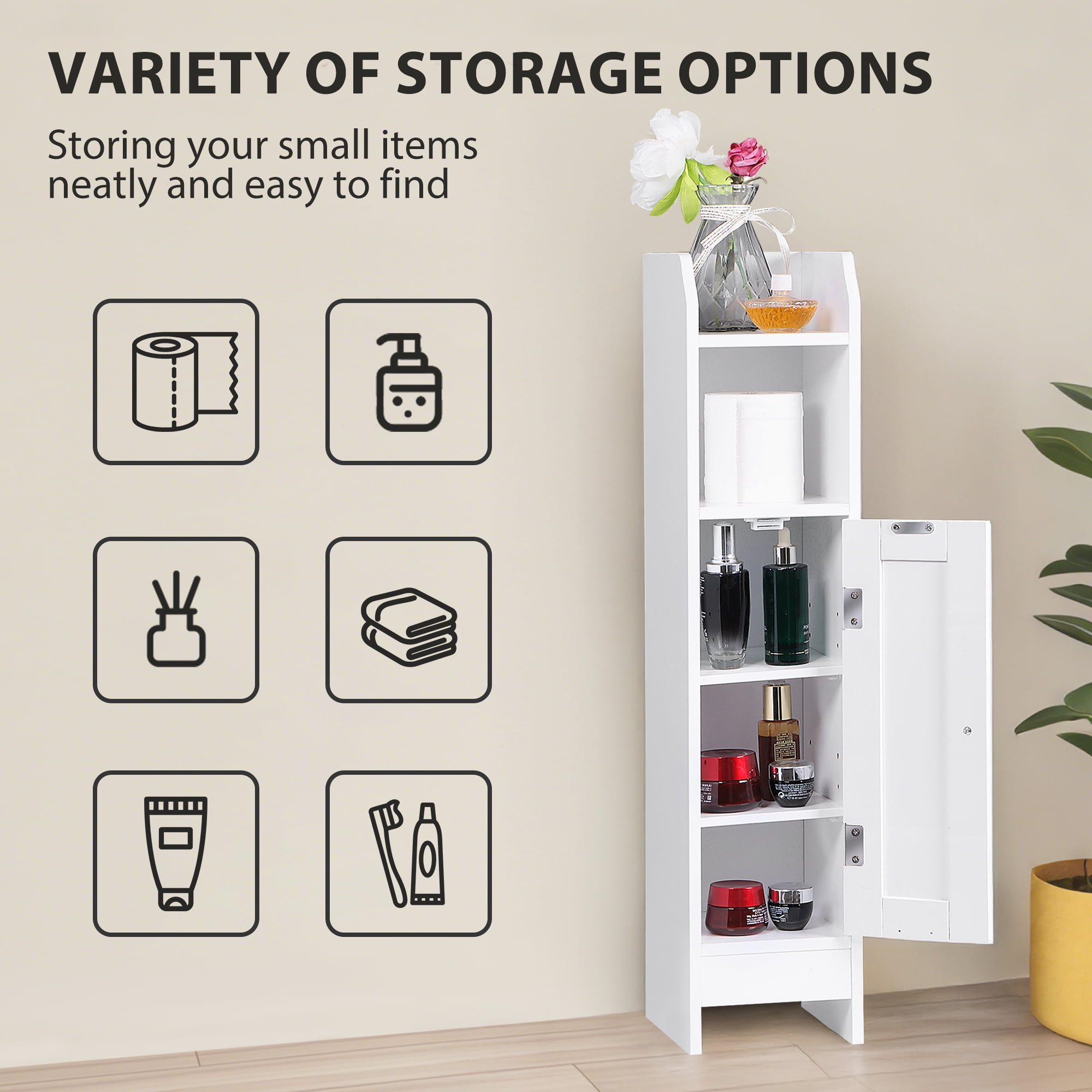 HomGarden 5-Shelf Narrow Corner Bathroom Cabinet Small Storage Organizer W/Adjustable Shelves for Bathroom, Living Room, Small Spaces, White