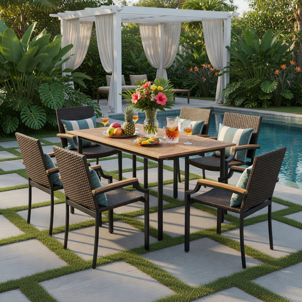 Hommoo 2-Piece Stackable Outdoor Dining Chairs, PE Rattan Wicker with Acacia Wood Armrests, Heavy-Duty Metal Frame, Weather-Resistant Patio Seating for Backyard, Porch & Garden, Brown