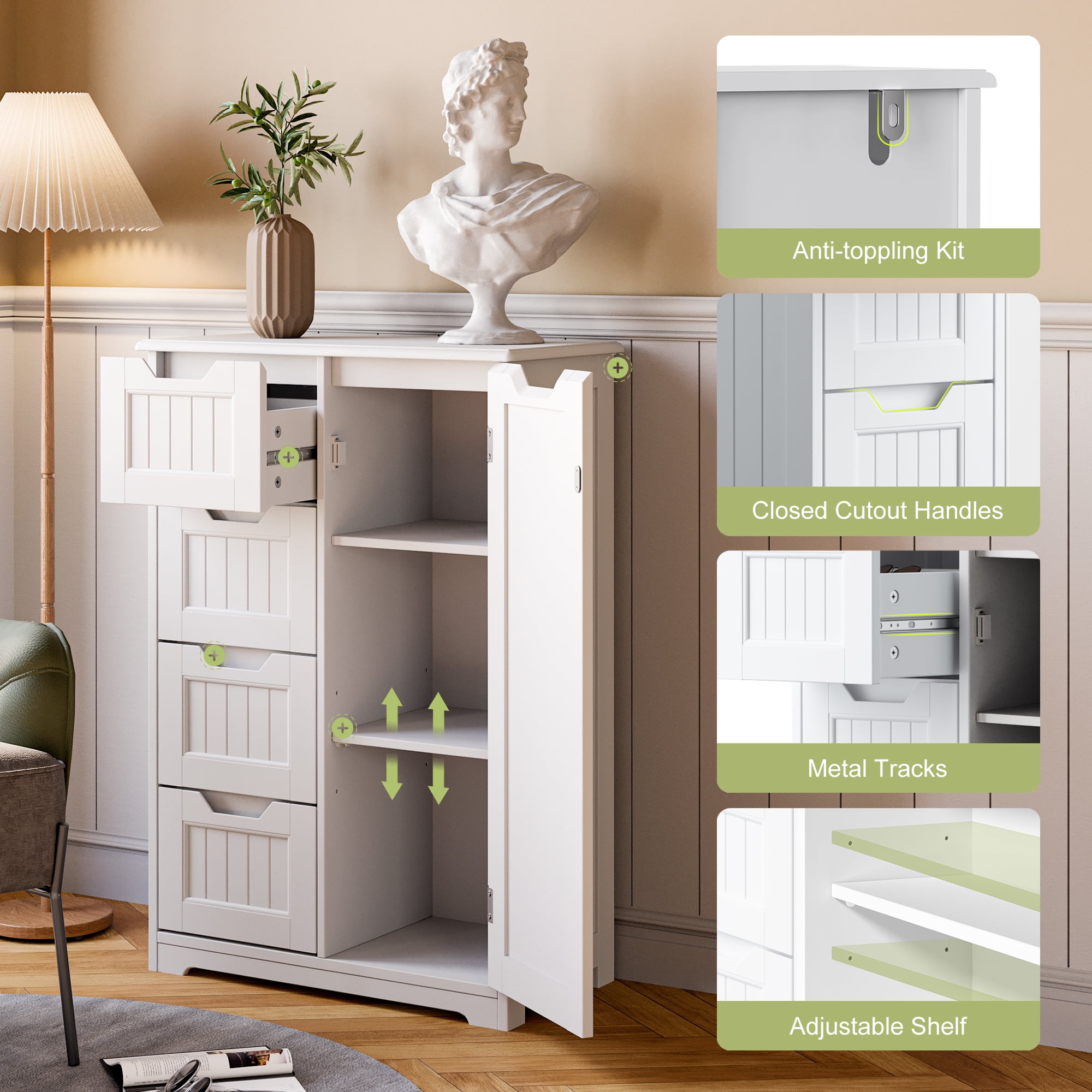 Pantry Cabinet, Lofka 33" Small Kitchen Pantry Storage Cabinet with 1 Door, 2 Shelves, 4 Drawers, White