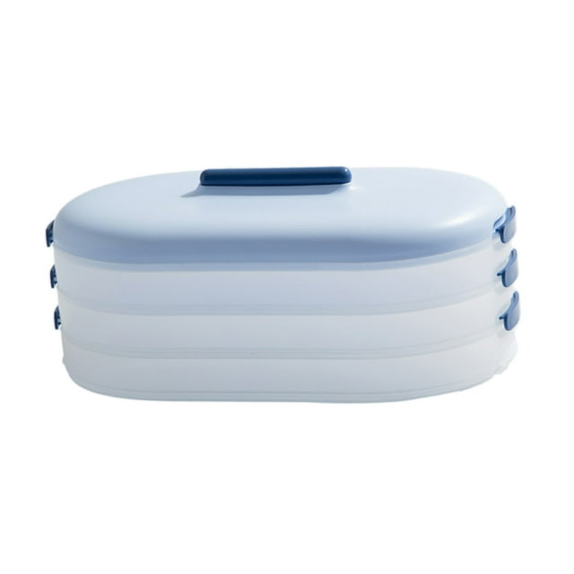 Contenedor apilable de 3 niveles para congelar alimentos, ideal para dumplings y cereales. azul