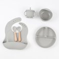 thumbnail image 1 of Silicone dinner plate, baby bib, toddler bowl, tableware, fork, anti-drop snack cup set, 6-piece set with smoky gray round plate., 1 of 5