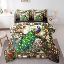 jejeloiu Cartoon Peacock 7pcs Bedding Comforter Set,Zoo Animal Queen Bedding Sets,Rustic Flower Floral Queen Sheet Sets For Girls,Luxury Bedroom Decor Reversible