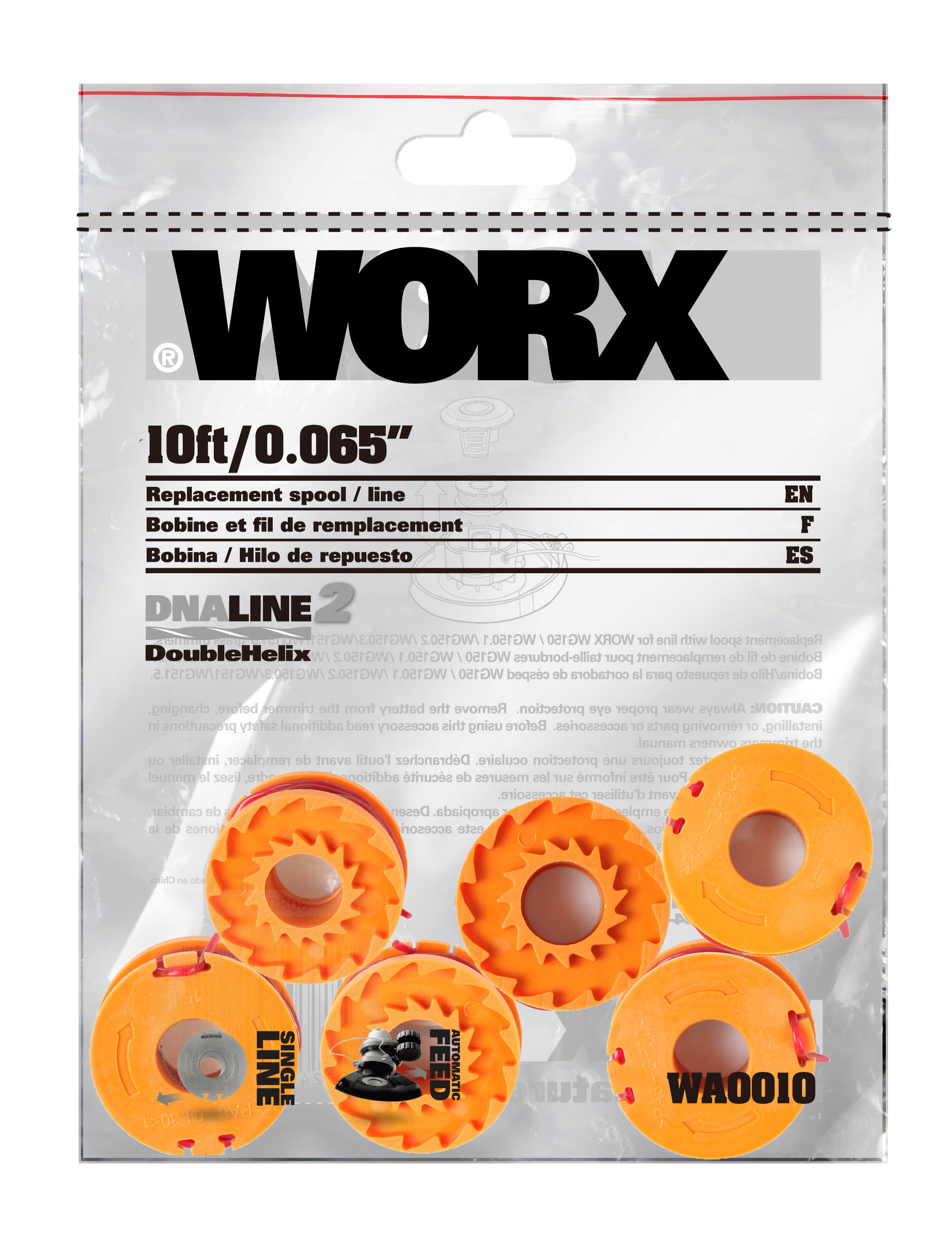 6 2 WA0010 and Spool Cap Cover WA6531 - 8 Pack Worx GT Grass Trimmer Spool Line 