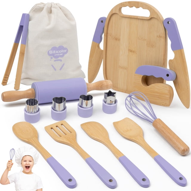 Juego de cocina de madera para niños Biticolor, 15 piezas, kit Montessori, color morado