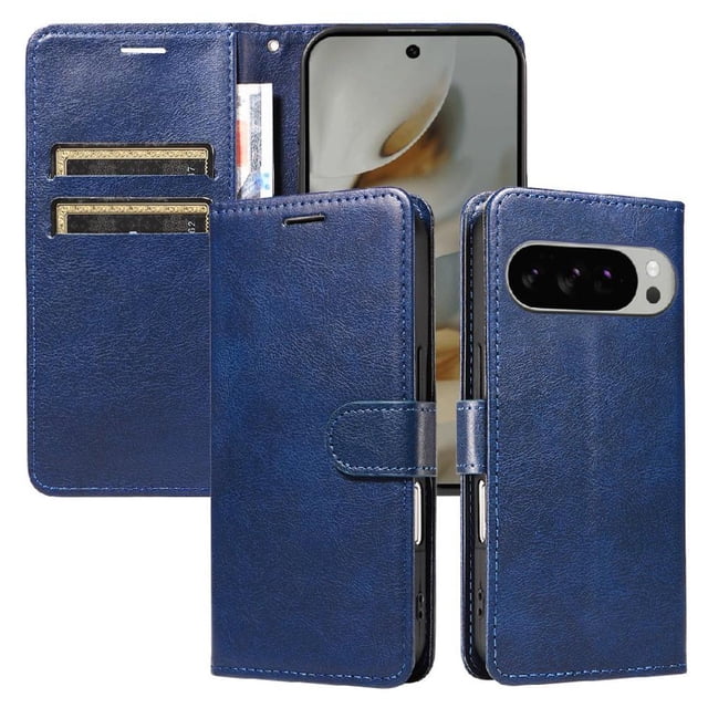 Wallet Case for Google Pixel 10 Pro XL 5G Flip Cover with Card Slots, Magnetic Stand & Strap Blue