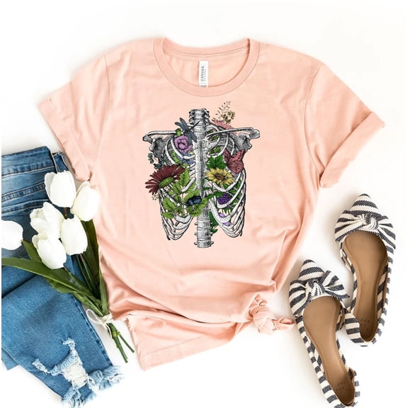 Floral Ribcage T-shirt Skeleton Shirt Halloween Gift Botanical Tee Flowers Top Plants Growing Shirts Fall Flower Anatomy Bohemian Graphic Inspired Human
