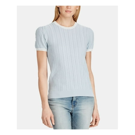 RALPH LAUREN Womens Light Blue Textured Short Sleeve Crew Neck Top Size: L