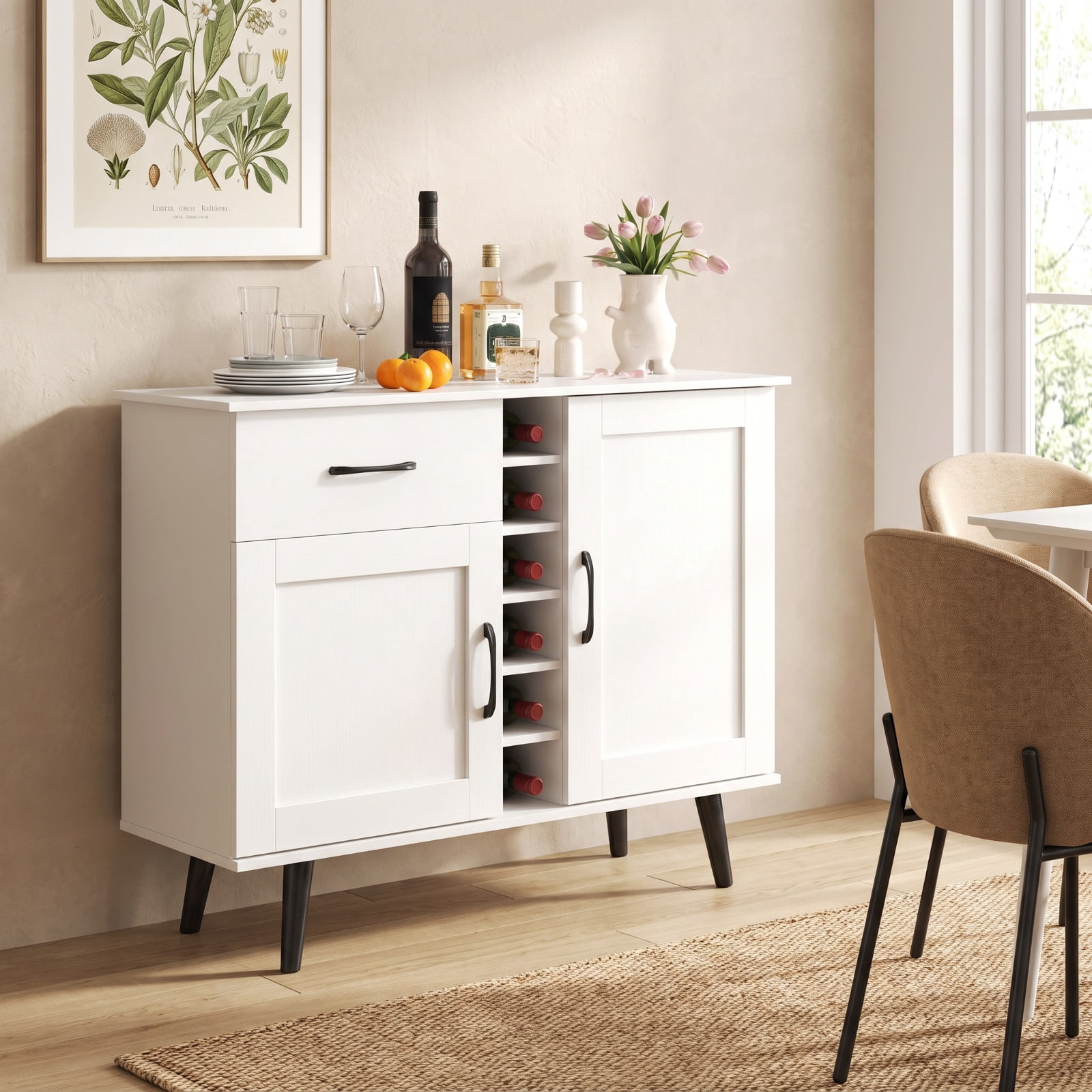 Furnibear Modern Wine Bar Buffet Cabinet with 6-Bottle Wine Rack for Kitchen Dining Living Room Buffet Storage Server, White