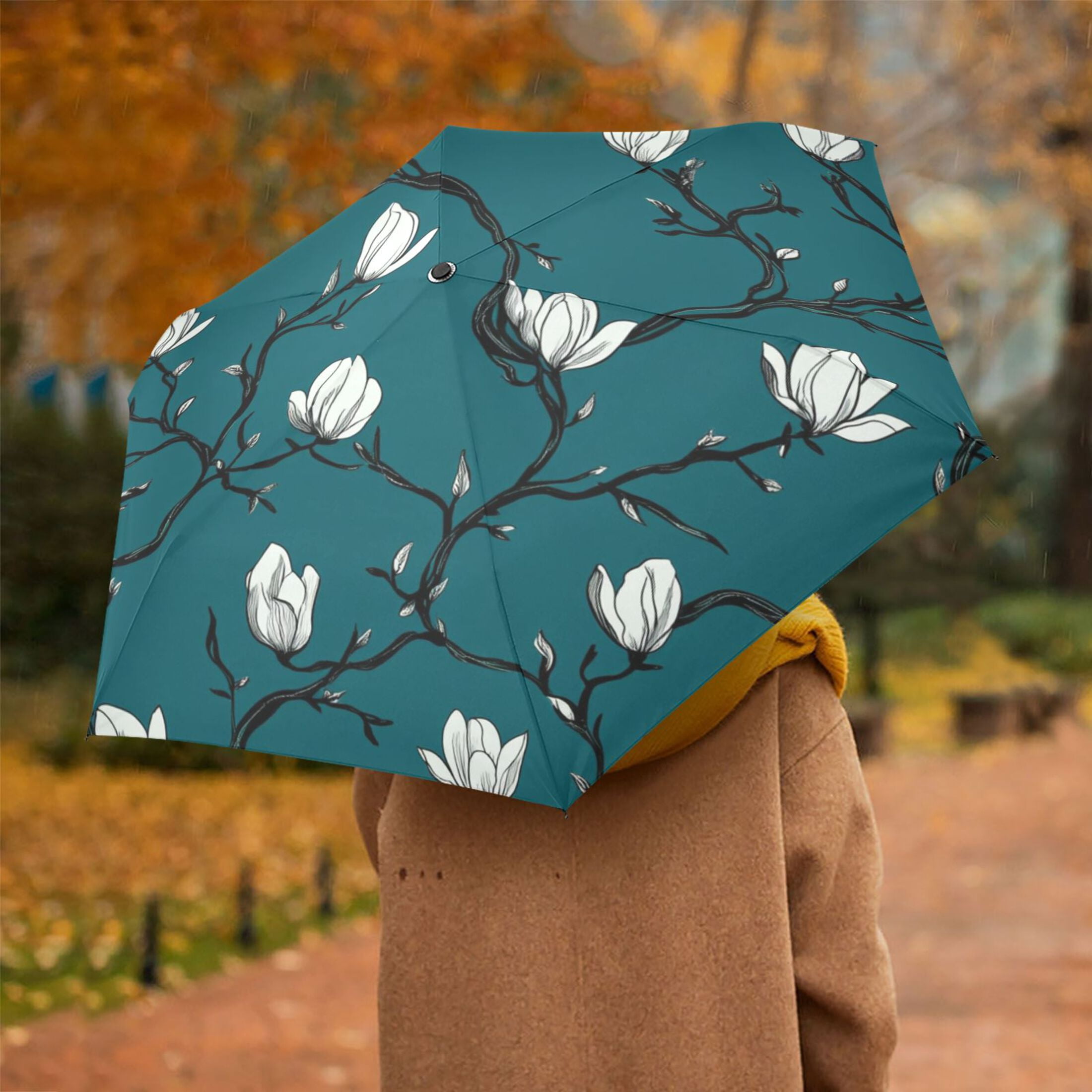 Flowers Magnolia Buds Folding Umbrella UV50+ Waterproof Sun Protection Auto Open Close Compact Fiberglass Frame